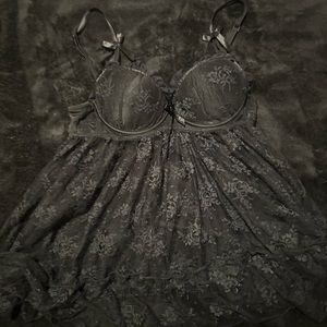 Black Lacy Flared Lingerie Top With Bows